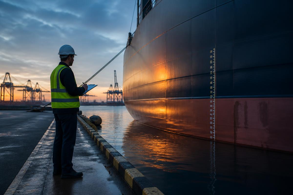Marine surveyor reading vessel draft marks from the jetty